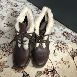 Brown leather and white fur and lace ankle boots. Size 8.5.